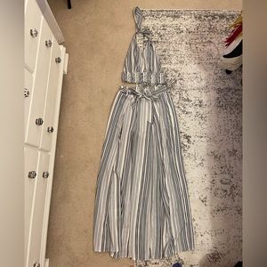 Blue, White, and Black Striped Flowy Pant and Halter Top Set: Size Large